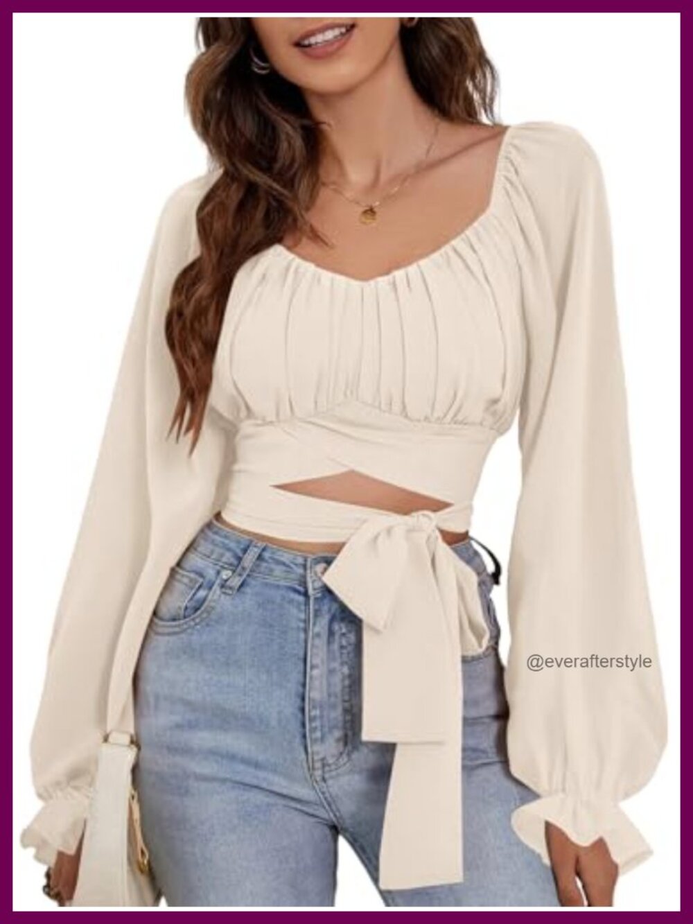 Women's Ruched Wrap Self Tie Crop Top Puff Long Sleeve Blouse